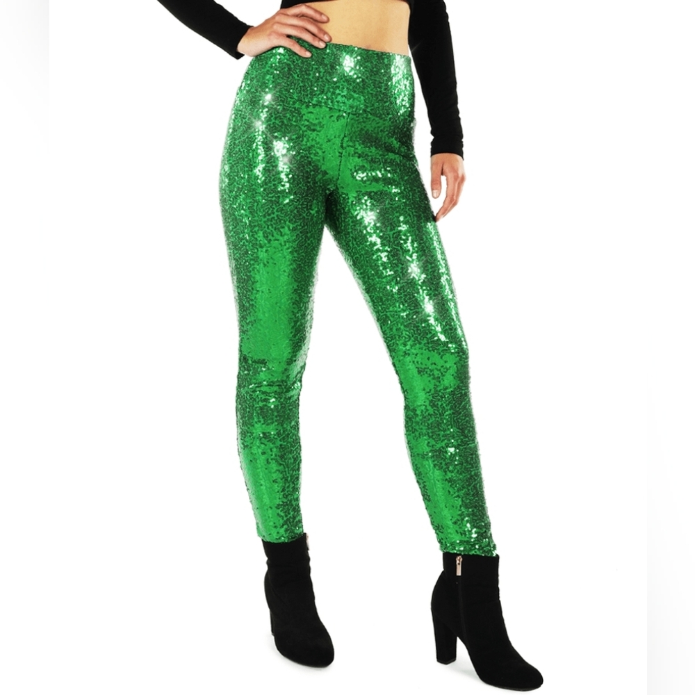 Tipsy Elves Green Sequin High-Waisted Holiday Leggings – Size Large – NWT